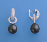 Sterling Silver Earrings with 11-12mm Drop Shape Tahitian Pearl and Cubic Zirconia - Wing Wo Hing Jewelry Group - Pearl Jewelry Manufacturer