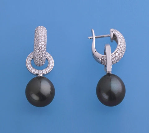 Sterling Silver Earrings with 11-12mm Drop Shape Tahitian Pearl and Cubic Zirconia