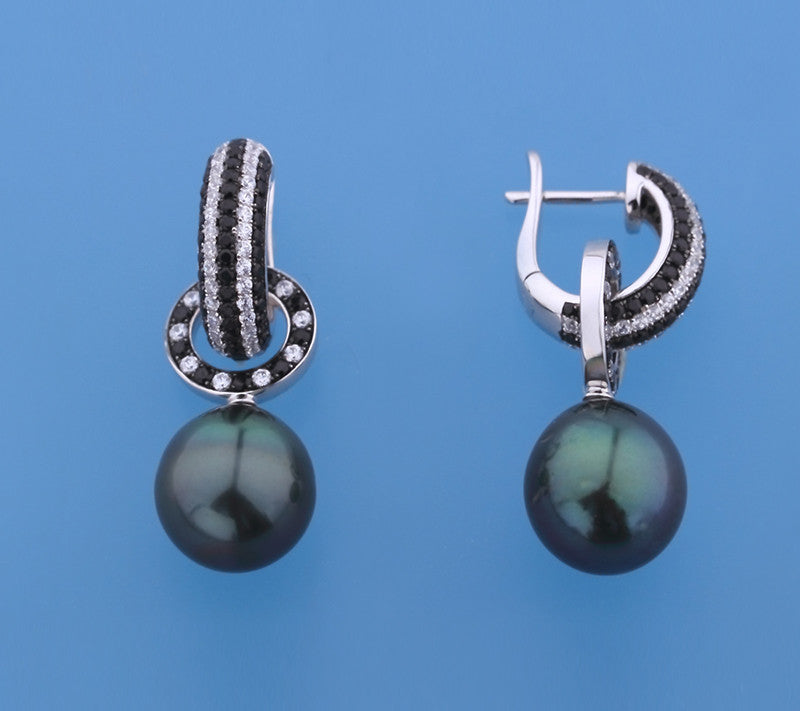Sterling Silver Earrings with 11-12mm Drop Shape Tahitian Pearl, Black Spinel and Cubic Zirconia - Wing Wo Hing Jewelry Group - Pearl Jewelry Manufacturer