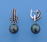 Sterling Silver Earrings with 11-12mm Drop Shape Tahitian Pearl, Black Spinel and Cubic Zirconia - Wing Wo Hing Jewelry Group - Pearl Jewelry Manufacturer