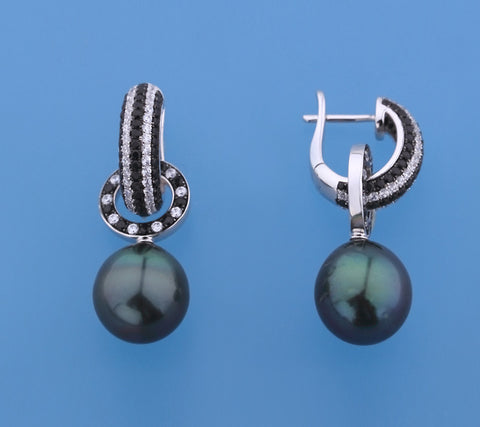 Sterling Silver Earrings with 11-12mm Drop Shape Tahitian Pearl, Black Spinel and Cubic Zirconia