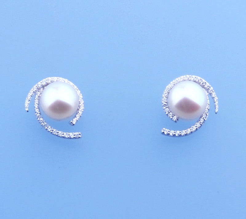 Sterling Silver Earrings with 8.5-9mm Button Shape Freshwater Pearl and Cubic Zirconia - Wing Wo Hing Jewelry Group - Pearl Jewelry Manufacturer