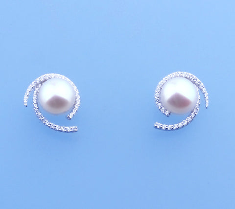 Sterling Silver Earrings with 8.5-9mm Button Shape Freshwater Pearl and Cubic Zirconia