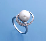 Sterling Silver Ring with 11.5-12mm Button Shape Freshwater Pearl and Cubic Zirconia - Wing Wo Hing Jewelry Group - Pearl Jewelry Manufacturer