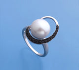 Sterling Silver Ring with 11.5-12mm Button Shape Freshwater Pearl and Black Spinel - Wing Wo Hing Jewelry Group - Pearl Jewelry Manufacturer