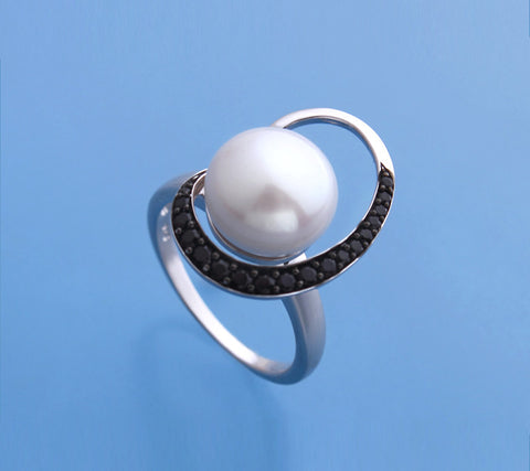 Sterling Silver Ring with 11.5-12mm Button Shape Freshwater Pearl and Black Spinel