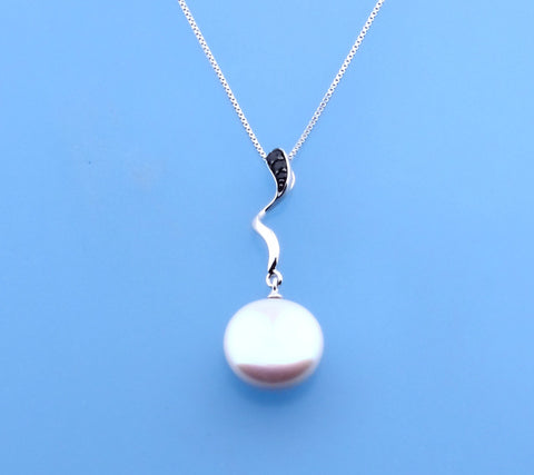 Sterling Silver Pendant with 12.5-13mm Coin Shape Freshwater Pearl and Black Spinel