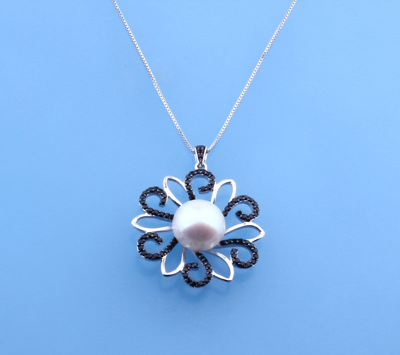 Sterling Silver Pendant with 11.5-12mm Button Shape Freshwater Pearl and Black Spinel - Wing Wo Hing Jewelry Group - Pearl Jewelry Manufacturer