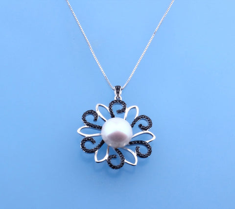 Sterling Silver Pendant with 11.5-12mm Button Shape Freshwater Pearl and Black Spinel