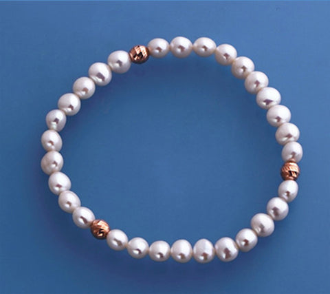 Sterling Silver Bracelet with 5.5-6mm Potato Shape Freshwater Pearl and and Rose Gold Plated Silver Ball