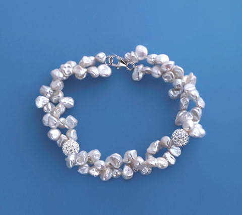 Sterling Silver Bracelet with 5.5-6mm Keshi Shape Freshwater Pearl and Crystal Ball