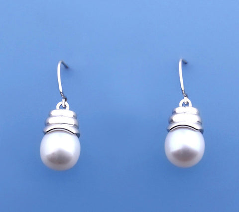 Sterling Silver Earrings with 9-9.5mm Drop Shape Freshwater Pearl