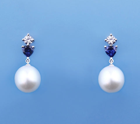 Sterling Silver Earrings with 9-9.5mm Drop Shape Freshwater Pearl and Cubic Zirconia