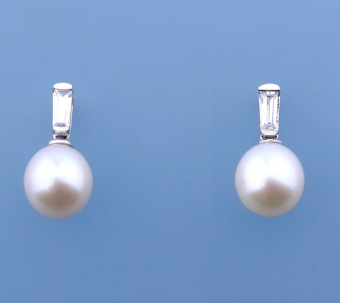 Sterling Silver Earrings with 9-9.5mm Drop Shape Freshwater Pearl and Cubic Zirconia