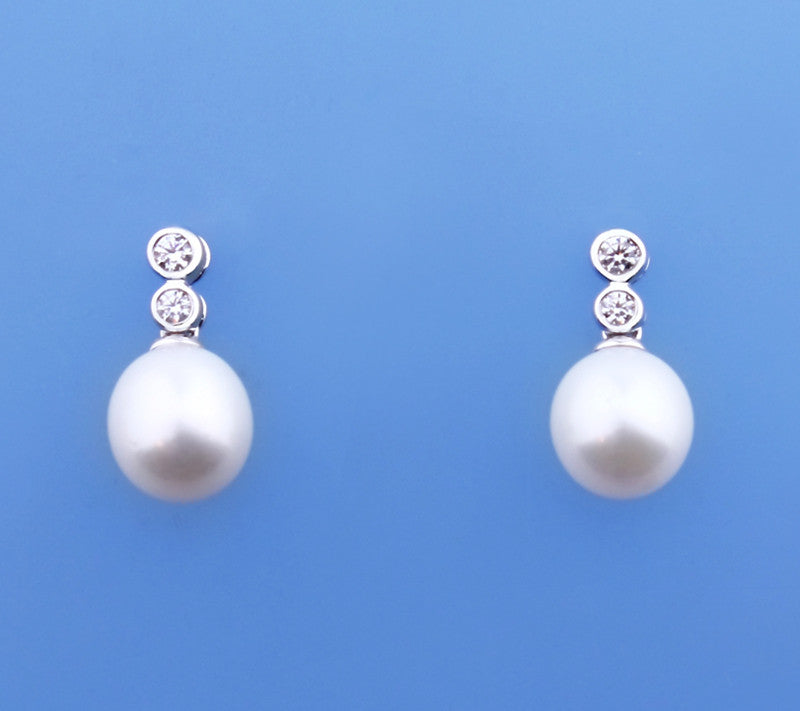 Sterling Silver Earrings with 9-9.5mm Drop Shape Freshwater Pearl and Cubic Zirconia - Wing Wo Hing Jewelry Group - Pearl Jewelry Manufacturer
