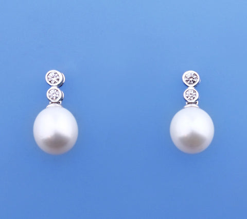 Sterling Silver Earrings with 9-9.5mm Drop Shape Freshwater Pearl and Cubic Zirconia