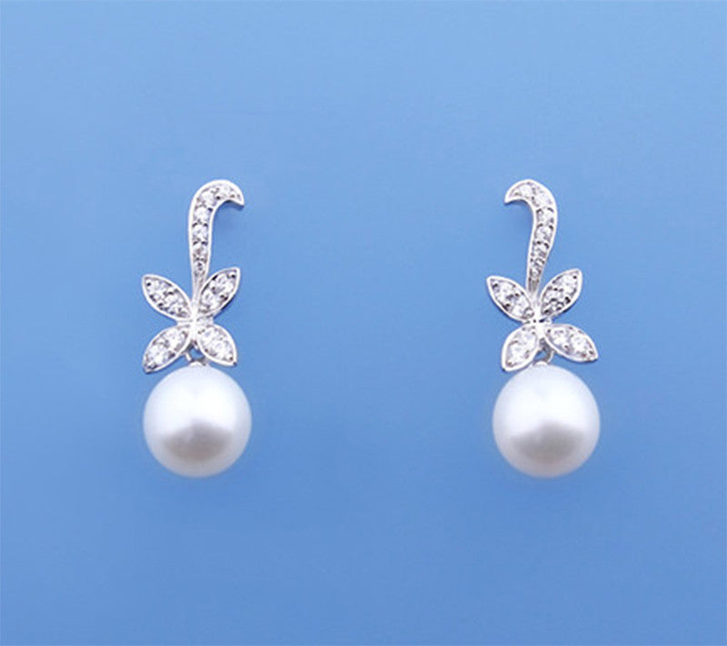 Sterling Silver Earrings with 9-9.5mm Drop Shape Freshwater Pearl and Cubic Zirconia - Wing Wo Hing Jewelry Group - Pearl Jewelry Manufacturer