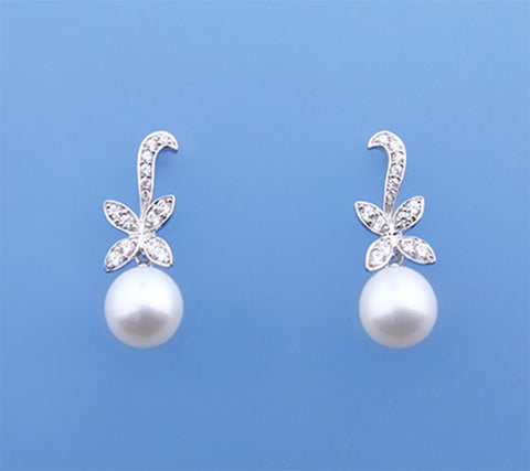 Sterling Silver Earrings with 9-9.5mm Drop Shape Freshwater Pearl and Cubic Zirconia
