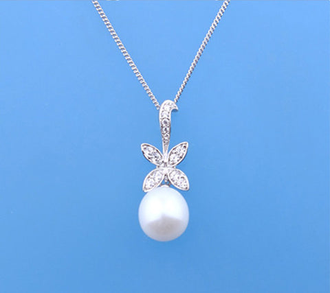 Sterling Silver Pendant with 9.5-10mm Drop Shape Freshwater Pearl and Cubic Zirconia