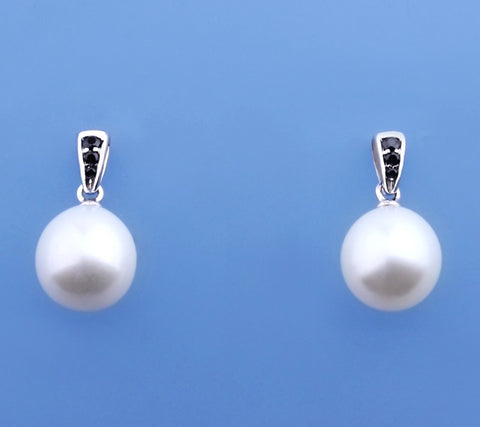 Sterling Silver Earrings with 9.5-10mm Drop Shape Freshwater Pearl and Cubic Zirconia