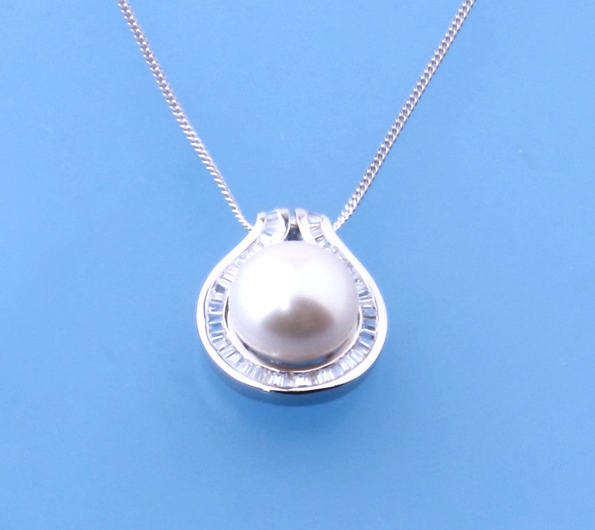 Sterling Silver Pendant with 11-12mm Button Shape Freshwater Pearl and Cubic Zirconia - Wing Wo Hing Jewelry Group - Pearl Jewelry Manufacturer