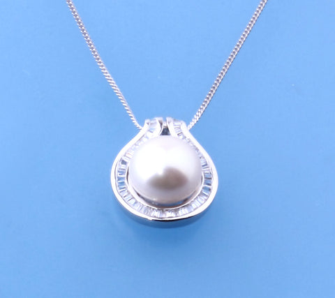 Sterling Silver Pendant with 11-12mm Button Shape Freshwater Pearl and Cubic Zirconia