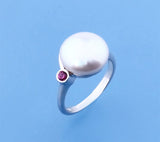 Sterling Silver Ring with 12.5-13mm Coin Shape Freshwater Pearl and Red Corundum - Wing Wo Hing Jewelry Group - Pearl Jewelry Manufacturer