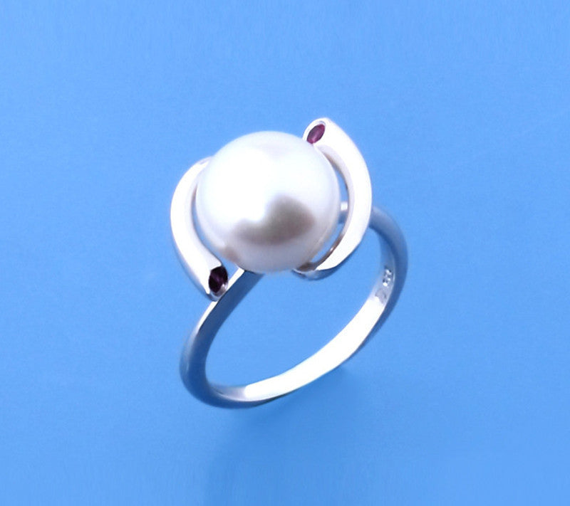 Sterling Silver Ring with 10.5-11mm Button Shape Freshwater Pearl and Red Corundum - Wing Wo Hing Jewelry Group - Pearl Jewelry Manufacturer