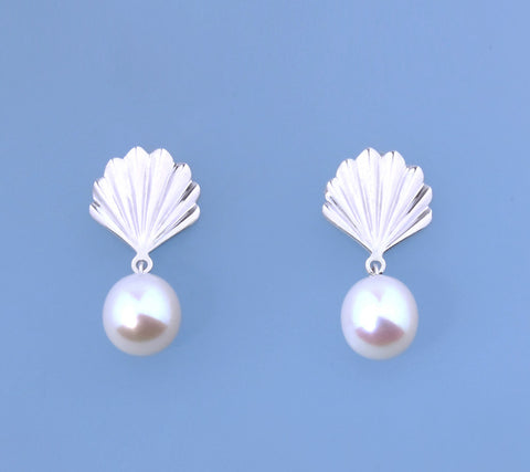 Sterling Silver Earrings with 9.5-10mm Oval Shape Freshwater Pearl
