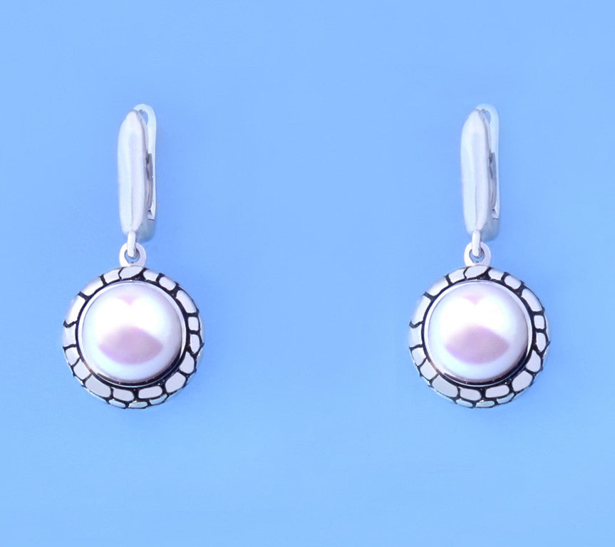 White and Black Plated Silver Earrings with 8-8.5mm Button Shape Freshwater Pearl - Wing Wo Hing Jewelry Group - Pearl Jewelry Manufacturer