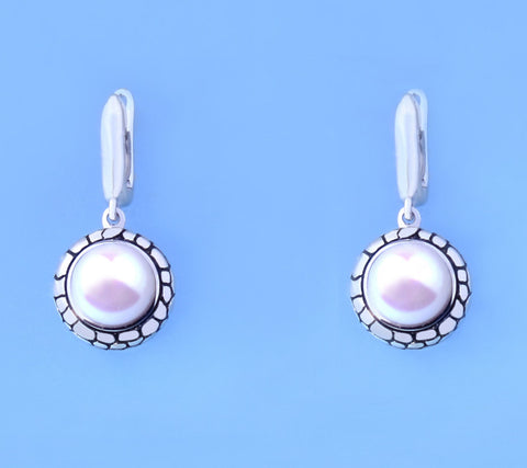 White and Black Plated Silver Earrings with 8-8.5mm Button Shape Freshwater Pearl