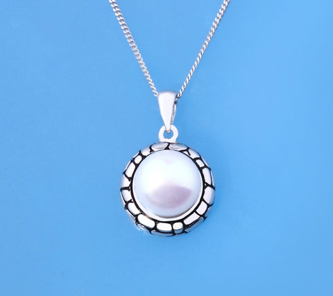 White and Black Plated Silver Pendant with 10-10.5mm Button Shape Freshwater Pearl