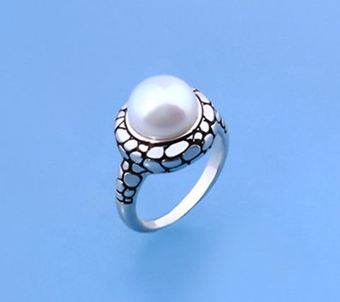 White and Black Plated Silver Ring with 10-10.5mm Button Shape Freshwater Pearl