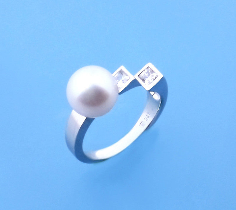 Sterling Silver Ring with 9.5-10mm Round Shape Freshwater Pearl and Cubic Zirconia - Wing Wo Hing Jewelry Group - Pearl Jewelry Manufacturer
