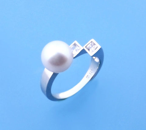 Sterling Silver Ring with 9.5-10mm Round Shape Freshwater Pearl and Cubic Zirconia
