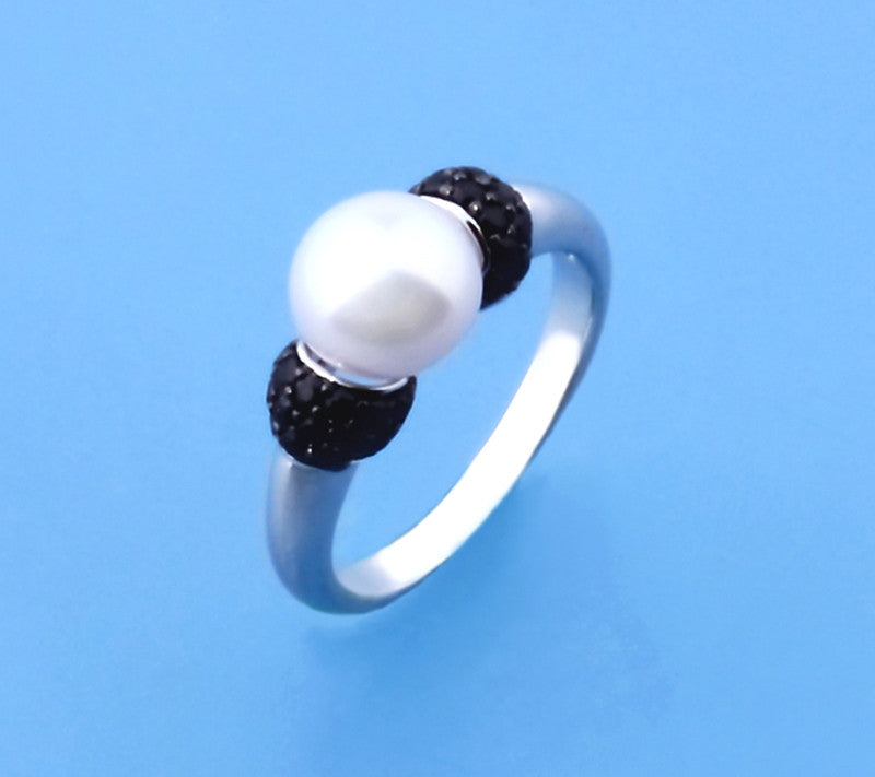 Sterling Silver Ring with 8-8.5mm Button Shape Freshwater Pearl and Black Spinel - Wing Wo Hing Jewelry Group - Pearl Jewelry Manufacturer