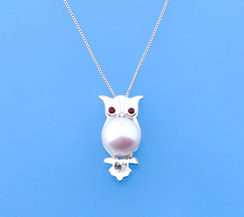 Sterling Silver Pendant with 11-11.5mm Button Shape Freshwater Pearl and Garnet - Wing Wo Hing Jewelry Group - Pearl Jewelry Manufacturer