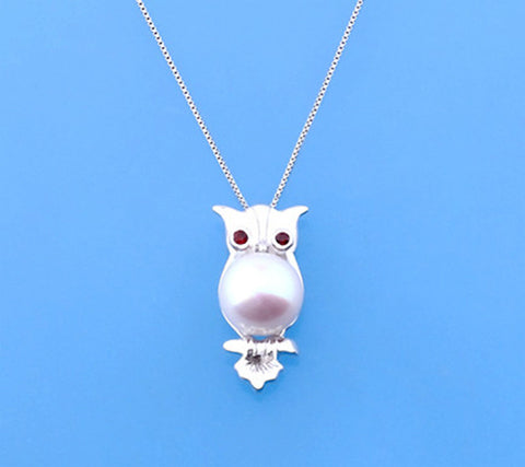 Sterling Silver Pendant with 11-11.5mm Button Shape Freshwater Pearl and Garnet