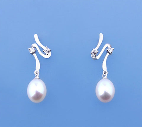 Sterling Silver Earrings with 7.5-8mm Oval Shape Freshwater Pearl and Cubic Zirconia