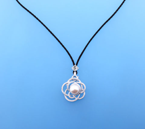 Sterling Silver Pendant with 12-13mm Button Shape Freshwater Pearl and Cubic Zirconia