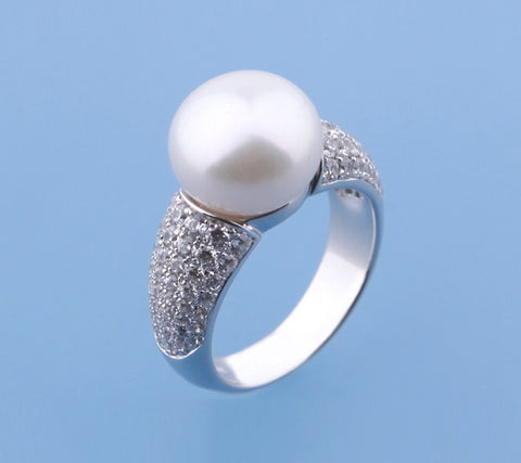 Sterling Silver with 11.5-12mm Button Shape Freshwater Pearl and Cubic Zirconia Ring