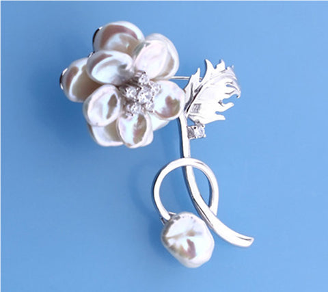 Sterling Silver Brooch with Keshi Freshwater Pearl and Cubic Zirconia