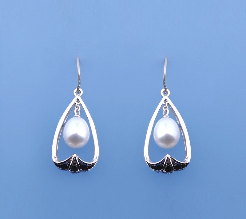 Sterling Silver Earrings with 8-8.5mm Drop Shape Freshwater Pearl and Black Spinel - Wing Wo Hing Jewelry Group - Pearl Jewelry Manufacturer