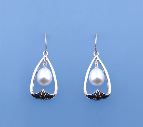Sterling Silver Earrings with 8-8.5mm Drop Shape Freshwater Pearl and Black Spinel