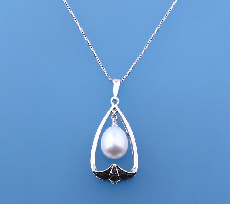 Sterling Silver Pendant with 8-8.5mm Drop Shape Freshwater Pearl and Black Spinel - Wing Wo Hing Jewelry Group - Pearl Jewelry Manufacturer