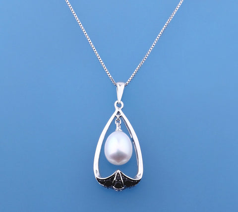Sterling Silver Pendant with 8-8.5mm Drop Shape Freshwater Pearl and Black Spinel