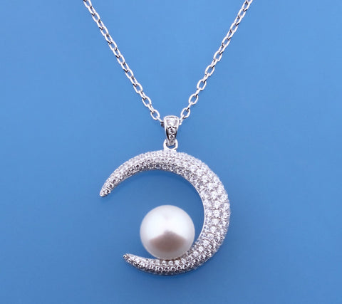 Sterling Silver Pendant with 10-10.5mm Button Shape Freshwater Pearl and Cubic Zirconia