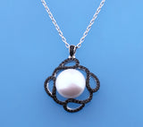 Sterling Silver Pendant with 12.5-13mm Button Shape Freshwater Pearl and Black Spinel - Wing Wo Hing Jewelry Group - Pearl Jewelry Manufacturer