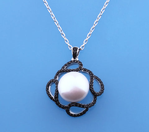 Sterling Silver Pendant with 12.5-13mm Button Shape Freshwater Pearl and Black Spinel