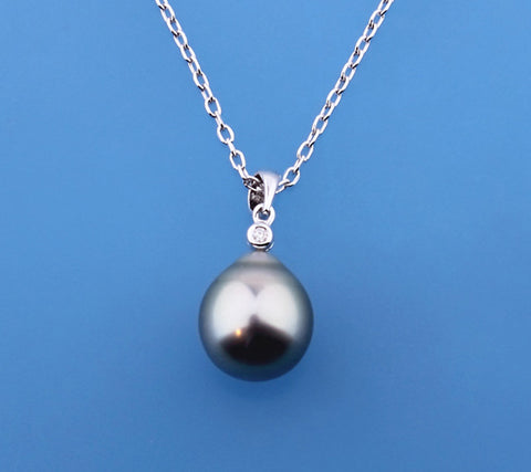 Sterling Silver Pendant with 11.5-12mm Drop Shape Tahitian Pearl and Cubic Zirconia